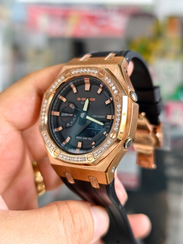 G-Shock GA-2100FR-5A AP Custom Rose Gold Viền Đá x Dây nhựa đen