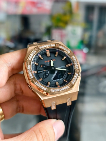 G-Shock GA-2100FR-5A AP Custom Rose Gold Viền Đá x Dây nhựa đen