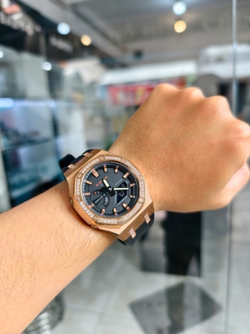 G-Shock GA-2100FR-5A AP Custom Rose Gold Viền Đá x Dây nhựa đen