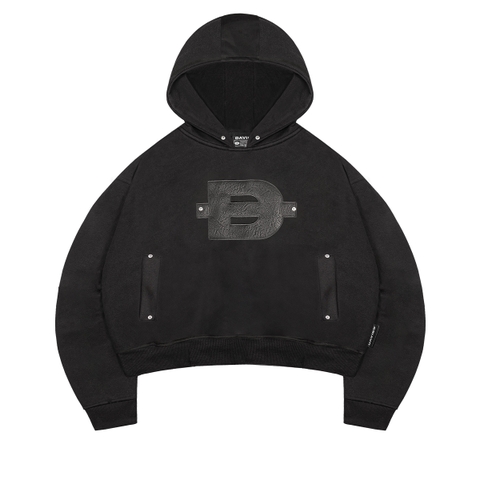 Áo hoodie nam nữ form rộng DAVIES hình thêu da nổi túi áo đính nút kim loại mũ to có nút bấm màu đen Rivet