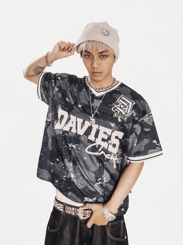 Áo Jersey nam nữ họa tiết Camo DAVIES vải lưới in chữ kết hợp thêu logo form rộng hiphop Crew Jersey Tee