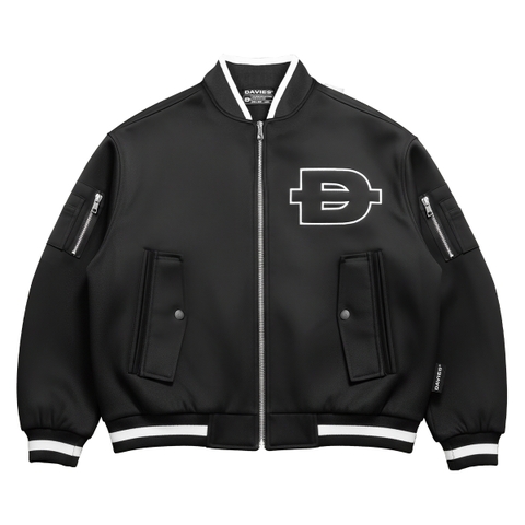 áo khoác bomber jacket thun xốp màu đen chữ thêu phối da khóa kéo kim loại