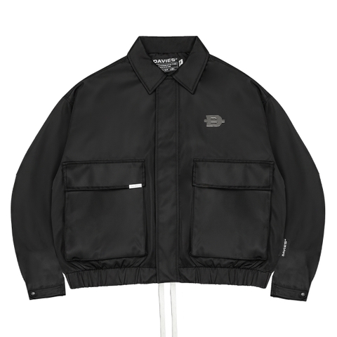 áo khoác dù 2 lớp túi hộp thêu chữ phối da đen khóa kéo kèm dây rút túi trong