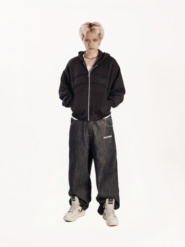 Áo khoác hoodie zip boxy nam nữ DAVIES chữ thêu viền nổi 3D