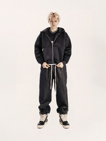 Áo khoác hoodie zip form rộng DAVIES mũ to phối khóa kéo đính tag inox