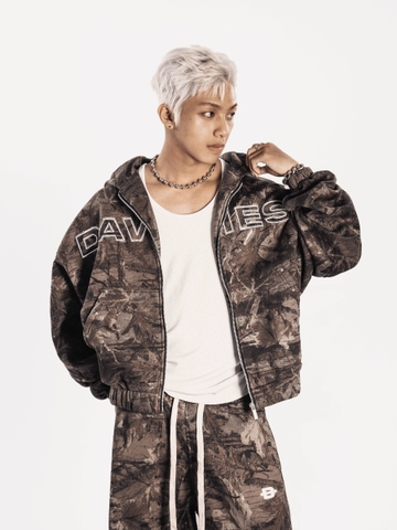 Áo khoác hoodie zip nỉ bông DAVIES nút bạc hoạ tiết lá rừng