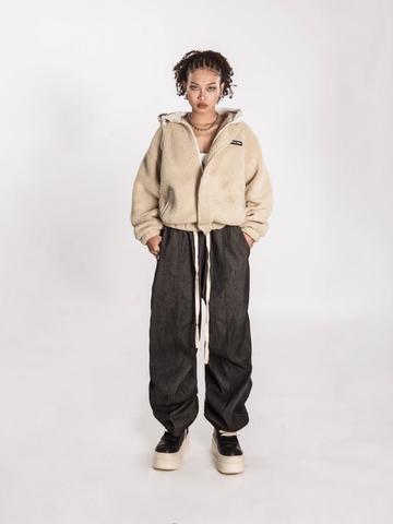 Áo khoác local brand đẹp nam nữ lông cừu màu đen, be có nón