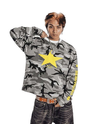 Áo phông dài tay hiphop DAVIES màu xám D Waffle Camo Long Sleeve Tee
