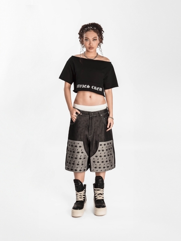 Áo Croptop đen form cổ ngang rộng DAVIES