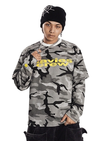 Áo dài tay DAVIES màu xám D Waffle Camo Double Layer Long Sleeve Tee