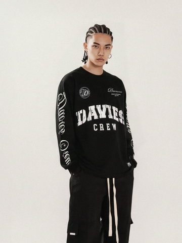 Áo thun form rộng dài tay nam nữ DAVIES cổ tròn hình in chữ phủ kín thun co giãn màu đen Cypher Long Sleeve Tee