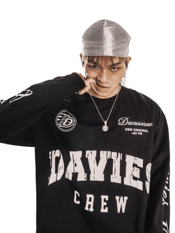 Áo thun form rộng dài tay nam nữ DAVIES cổ tròn hình in chữ phủ kín thun co giãn màu đen Cypher Long Sleeve Tee