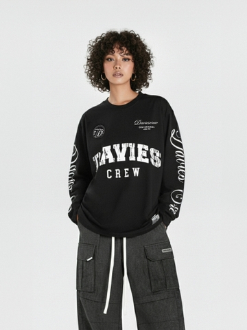 Áo thun form rộng dài tay nam nữ DAVIES cổ tròn hình in chữ phủ kín thun co giãn màu đen Cypher Long Sleeve Tee