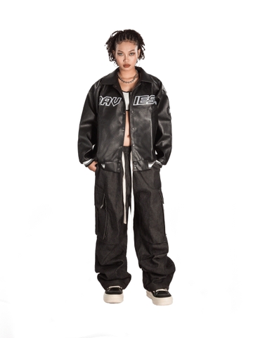 Quần jean local brand Denim cargo pants DAVIES lưng chun rút dây form rộng, logo inox và chữ thêu túi sau