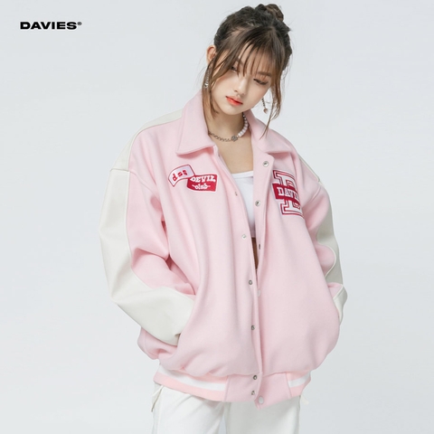 áo varsity jacket local brand nữ màu hồng