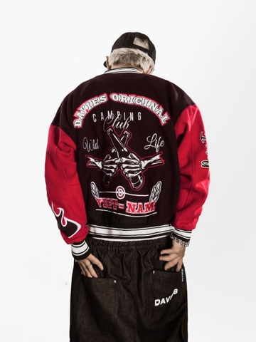 áo khoác varsity nam nữ nỉ đen tay phối đỏ hình thêu full 2 mặt bo chun nút bấm