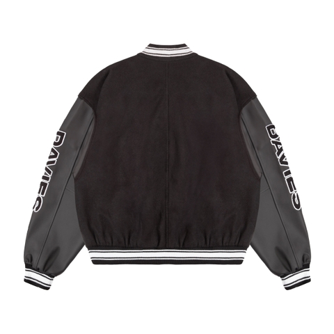 Áo varsity nỉ đen tay phối da nút bấm DAVIES