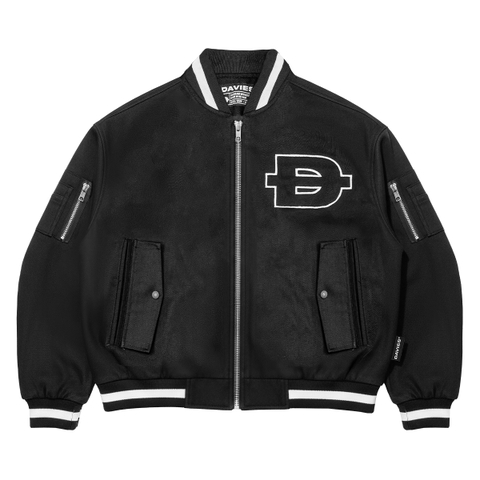 áo khoác bomber jacket thun xốp màu đen chữ thêu phối da khóa kéo kim loại