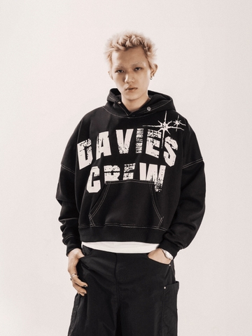 Hoodie nam nữ mũ to DAVIES hình in lụa phối chỉ nổi