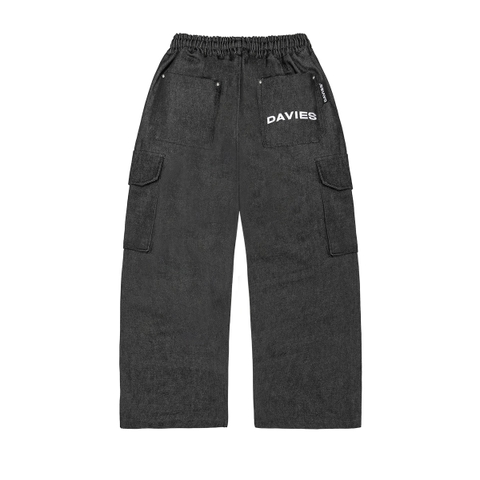 Quần jean local brand Denim cargo pants DAVIES lưng chun rút dây form rộng, logo inox và chữ thêu túi sau