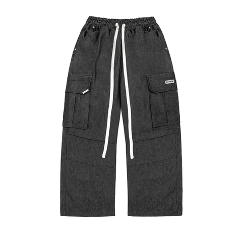 Quần jean local brand Denim cargo pants DAVIES lưng chun rút dây form rộng, logo inox và chữ thêu túi sau