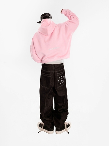Áo hoodie form rộng mũ to có nút bấm chữ thêu chất nỉ bo chun màu hồng, đen