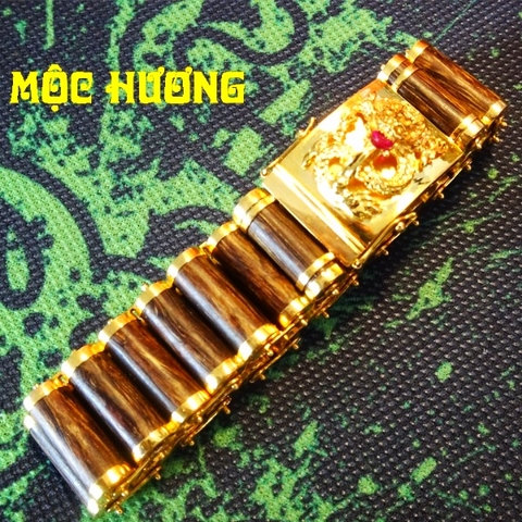 VÒNG TRẦM HƯƠNG BĂNG ĐẠN MIX MẶT RỒNG BỌC VÀNG 18K