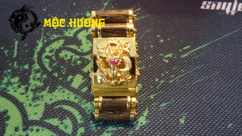 VÒNG TRẦM HƯƠNG BĂNG ĐẠN MIX MẶT RỒNG BỌC VÀNG 18K