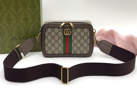 Túi đeo chéo Gucci họa tiết monogram logo GG vàng viền nâu kẻ sọc xanh đỏ size 22x14x5cm Like Auth on web fullbox bill thẻ