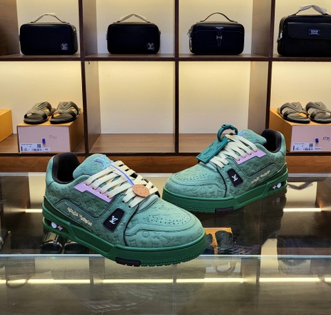 Giày sneaker Louis Vuitton Trainer Xanh Lá họa tiết hoa vân chìm Like Auth on web fullbox bill thẻ phụ kiện