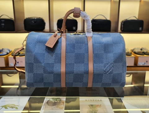 Túi trống du lịch Louis Vuitton Xanh bò họa tiết caro phối dây da nâu size 50cm Like Auth on web