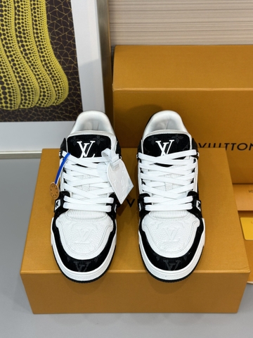 Giày sneaker Louis Vuitton Trainer Trắng pha vải bò Đen Like Auth on web fullbox bill thẻ phụ kiện