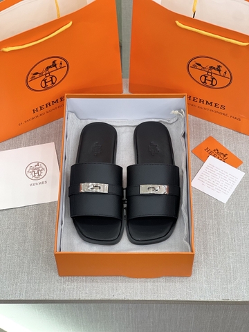 Dép sandal Hermes Gabriel Sandal Đen Đế gỗ quai da bò phối móc khóa Bạc Like Auth on web fullbox bill thẻ