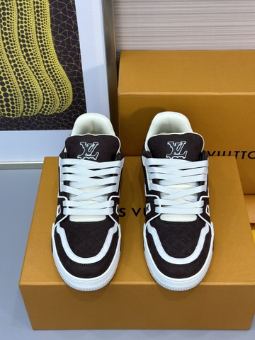 Giày sneaker Louis Vuitton Trainer Trắng pha Nâu monogram dập Like Auth on web fullbox bill thẻ phụ kiện