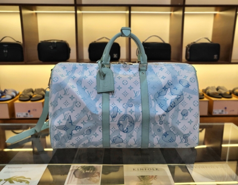 Túi trống du lịch Louis Vuitton Trắng Xanh ngọc họa tiết hoa vân loang size 50cm Like Auth on web