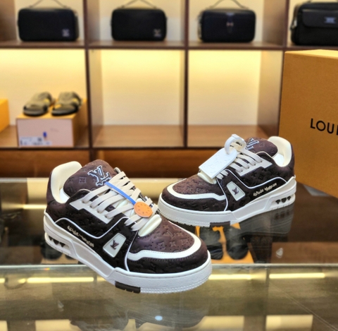 Giày sneaker Louis Vuitton Trainer Nâu họa tiết hoa vân chìm Like Auth on web fullbox bill thẻ phụ kiện