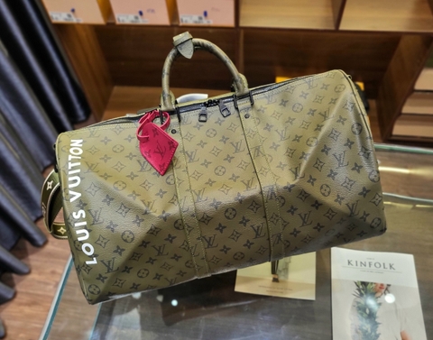 Túi trống du lịch Louis Vuitton Xanh rêu họa tiết hoa vân size 50cm Like Auth on web