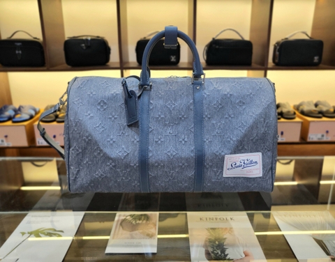 Túi trống du lịch Louis Vuitton Xanh bò họa tiết hoa vân nổi size 50cm Like Auth on web