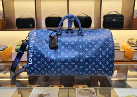 Túi trống du lịch Louis Vuitton Xanh Dương họa tiết hoa vân lớp lót size 50cm Like Auth on web