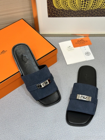 Dép sandal Hermes Gabriel Sandal Đế gỗ quai Xanh Than da lộn phối móc khóa Bạc Like Auth on web fullbox bill thẻ