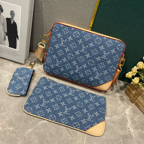 Túi ví đeo chéo Louis Vuitton LV Trio Combo 3 trong 1 Vải bò Xanh monogram new 2024 Like Auth on web fullbox bill thẻ