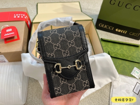 Túi đeo chéo Gucci mini Phone Horsebit 1955 Đen họa tiết monogram New 2024 size17x12x4cm Like Auth on web fullbox bill thẻ