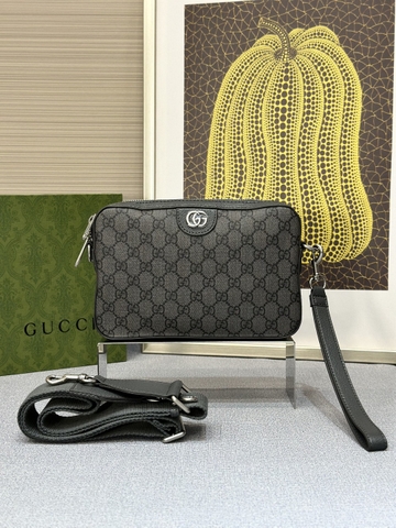 Túi đeo chéo Clutch cầm tay Gucci Ophidia Xám họa tiết monogram logo GG bạc Like Auth on web fullbox bill thẻ