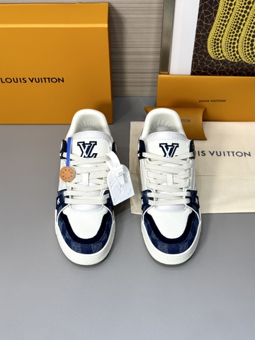 Giày sneaker Louis Vuitton Trainer Trắng sần pha caro Xanh than Like Auth on web fullbox bill thẻ phụ kiện