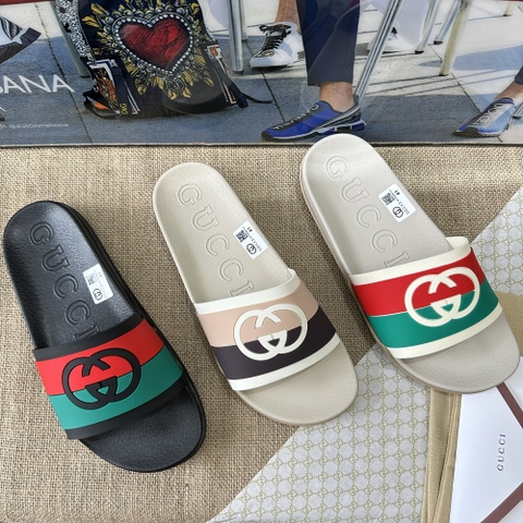 Dép lê lê quai ngang Gucci logo GC quai nổi sọc màu cao su non Like Authentic 1-1 on web