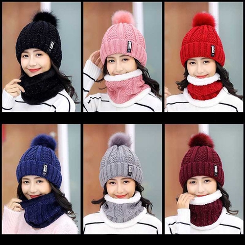 Set khăn ống mũ len quả bông cho nữ
