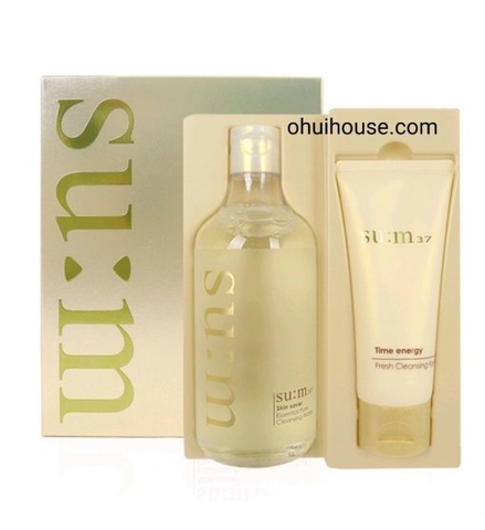 Set nước tẩy trang tặng sữa rửa mặt, bông 3 trong 1 Su:m37 Skin Saver Pure Cleansing Duo 3sp
