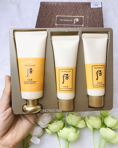 Set kem chống nắng tặng kem tẩy trang, sữa rửa mặt Whoo vàng Essential Sun Cream Special 3sp