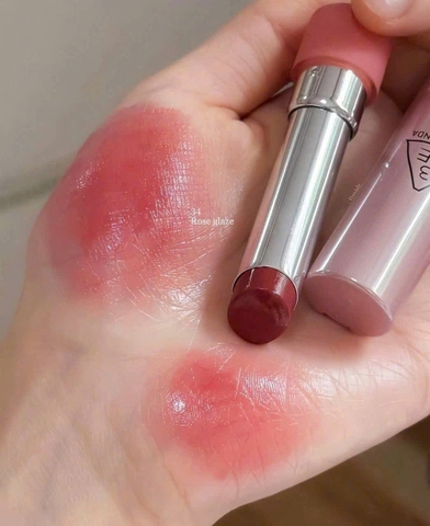 Set Son Dưỡng Có Màu 3CE Glazy Lip Glow 3,2g màu 34 Rose Glaze - Hồng Khô (tặng kèm son mini 03 daffodil+gương)