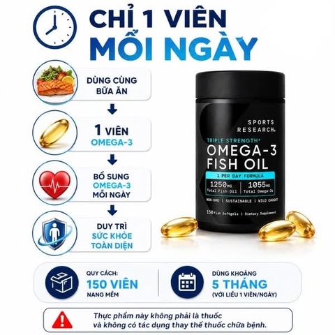 Viên Uống Dầu Cá Sports Research Triple Strength Omega 3 Fish Oil 1250mg (150 Viên)